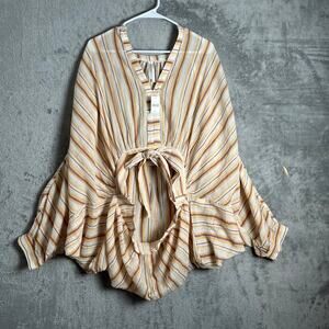 Anthropologie Tie Front‎ Striped Blouse Boho Resort Relaxed Statement Top XL New